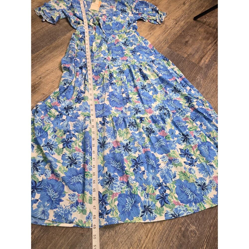 BTFBM Womens Dress Small Blue Floral V-Neck Short Sleeve Tiered Maxi NWT - Picture 4 of 7